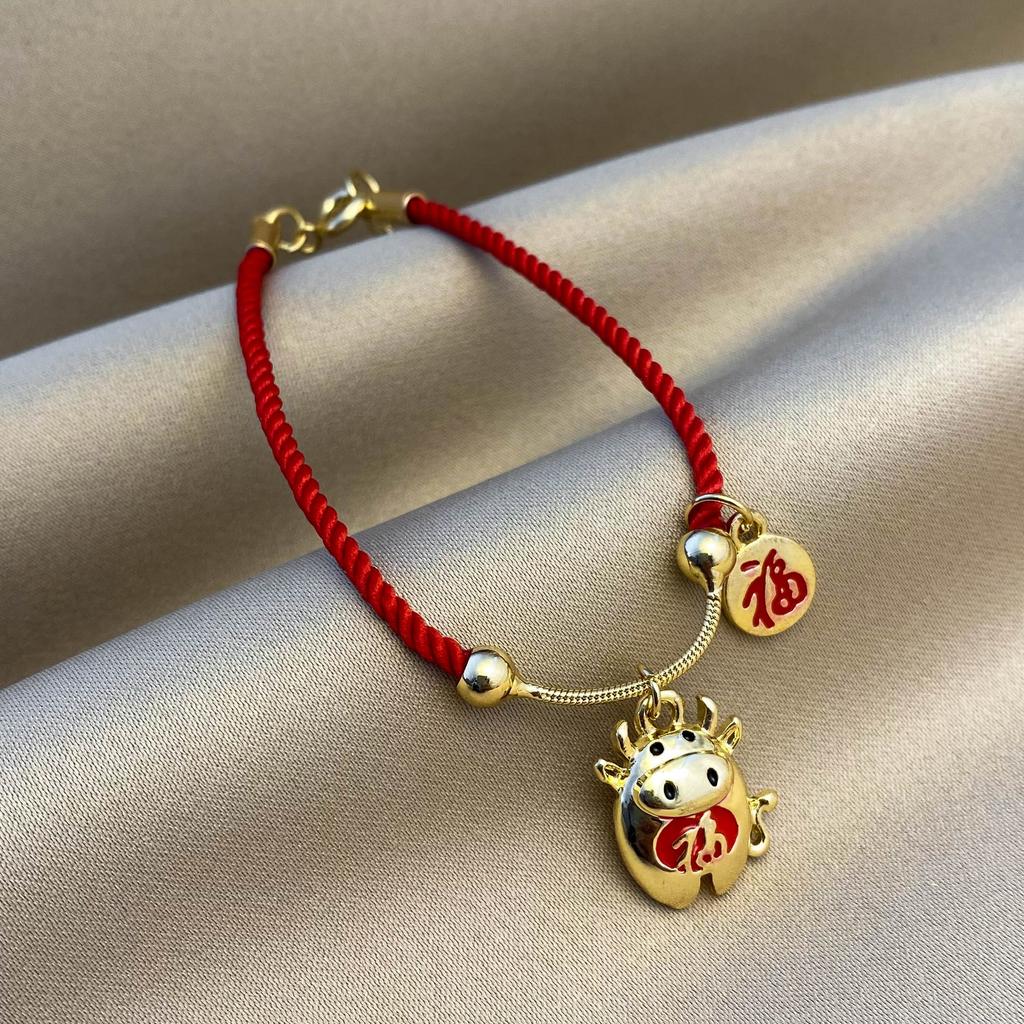 Red Natal Year Series Red Rope Bracelet Weaving Festive Zodiac Cow Lucky Rope Niche Design Couple Jewelry
