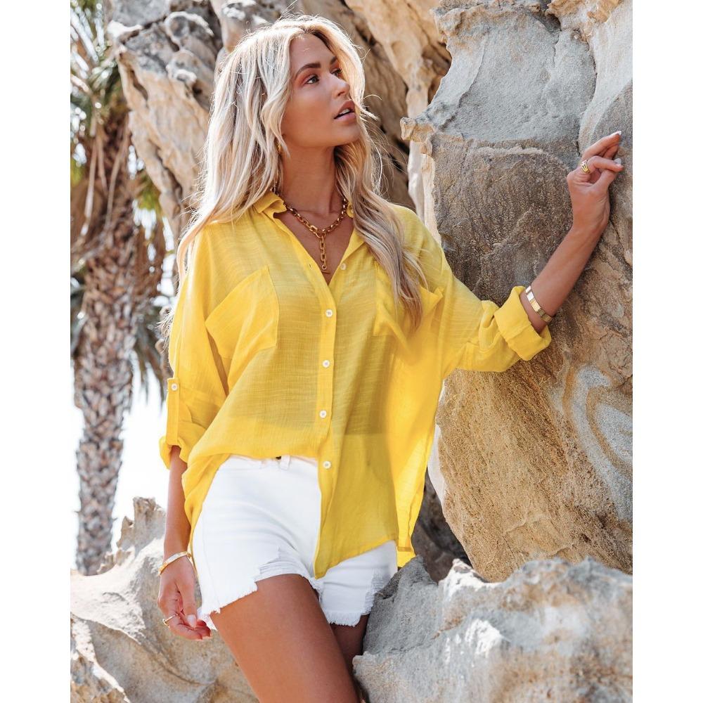 DIMANAF 2024 Nadměrná velikost Nová letní halenka Lněná móda Jednobarevná košile Dámská volná košile s dlouhým rukávem Žluté ležérní topy Trička