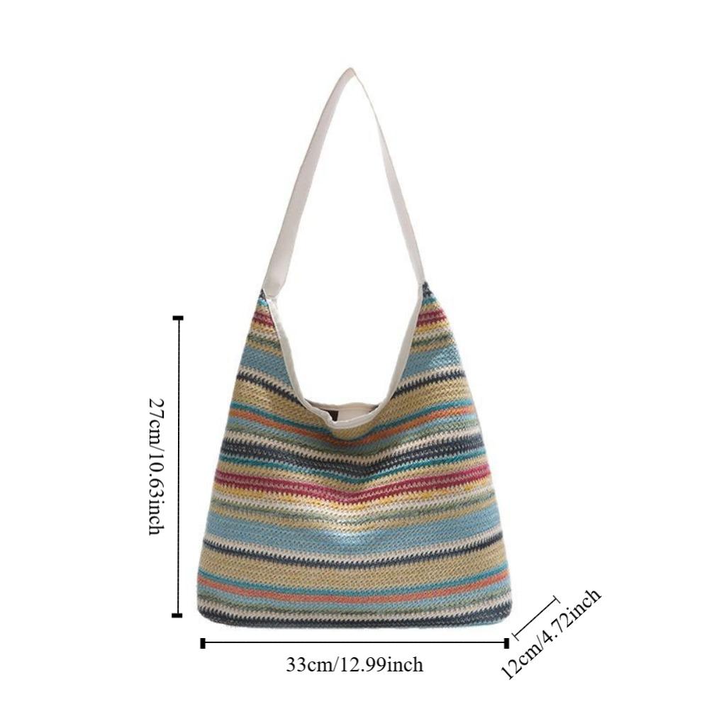 Bohemian Style Rainbow Beach Bag Large Capacity Hollow Tote Bag Fashion Weave Straw Bag  Travel