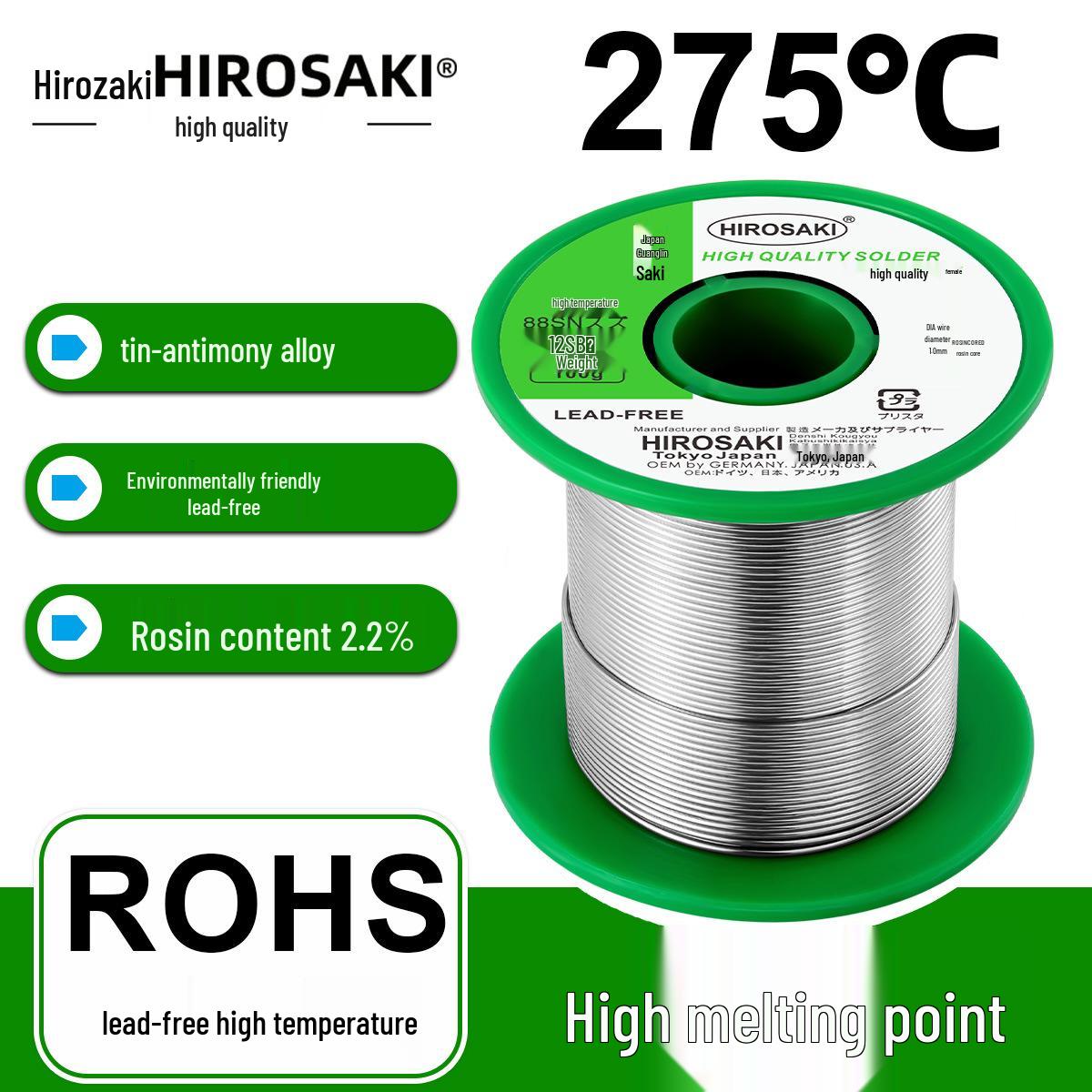 

Hirozaki Lead-Free High-Temp Solder Wire 0.8mm, Tin-Antimony, Eco-Friendly, SN88SB12, 275℃ Melting Point Hirozaki High-Temp 100g 1.0mm