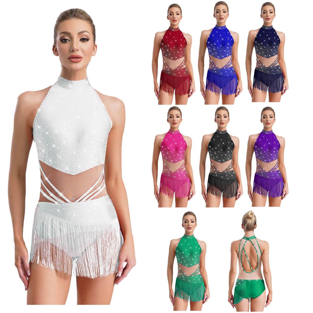 Womens Latin Dance Leotard Sleeveless Mock Neck Patchwork Rhinestones Tassels Adorned Gymnastics Costume