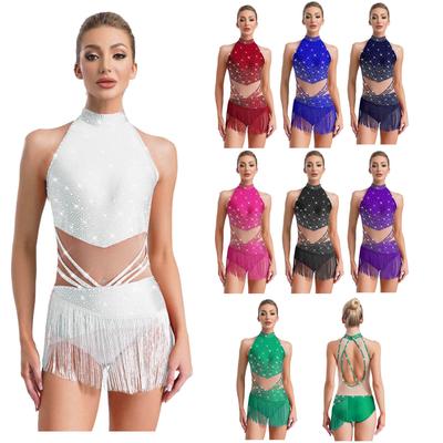 Costume de Gymnastique de Danse Latine de Performance pour Femmes avec Strass Patinage Artistique Justaucorps Body Orné de Franges