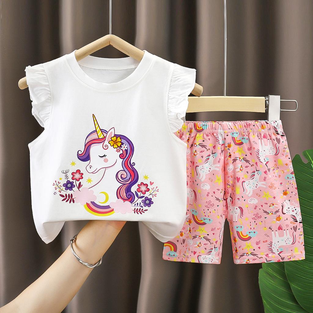 Girls' Cotton Short-sleeved Set For Summer Children's Casual Flared Shorts Two-piece Set
