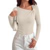 Women's Ribbed Long Sleeve Top Asymmetric Neckline Slim Fit Stretchy Knitwear Casual Pullover Shirt