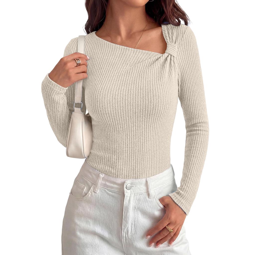 Women's Ribbed Long Sleeve Top Asymmetric Neckline Slim Fit Stretchy Knitwear Casual Pullover Shirt
