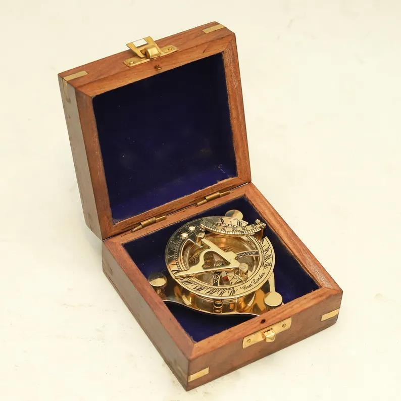 Vintage Brass Sundial Compass with Wooden