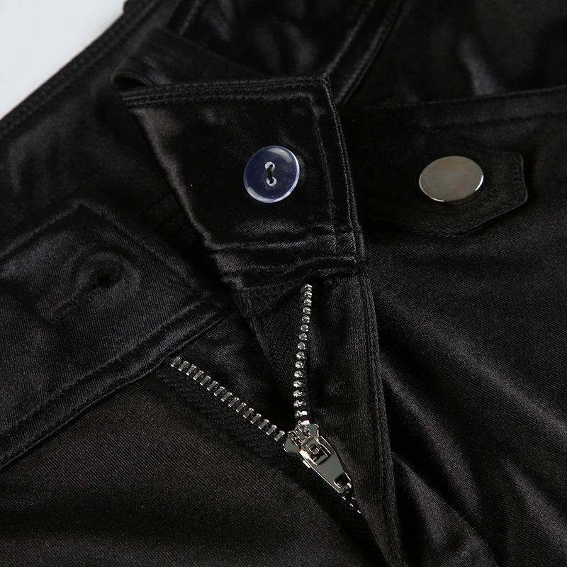 Pantalones acampanados de satén de tiro bajo casuales hipster de diseñador para mujer con múltiples bolsillos