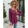Spring and Autumn Women's Blouse Solid Color Casual Bubble Sleeve Round Neck Long Sleeve Top