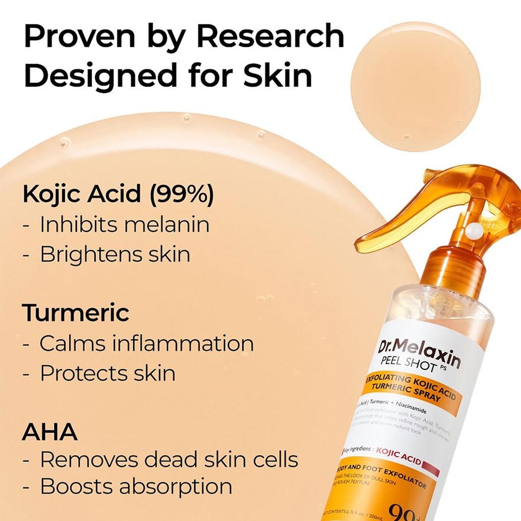 Dr.Melaxin PEEL SHOT SPRAY EXFOLIANT ACIDE KOJIQUE CURCUMA 200ml, Teint Uniforme, Type Brume Pratique, Cosmétiques Coréens, Soins de la Peau Coréens