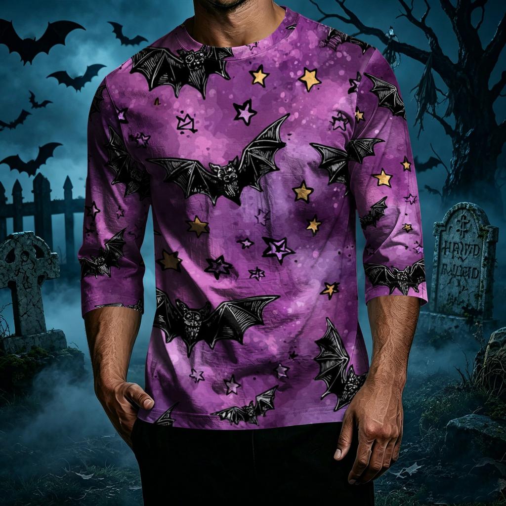 Men's Casual Halloween Print Crew Neck T Shirt Three Quarter Sleeve Top Lightweight Comfortable Fit Seasonal Design