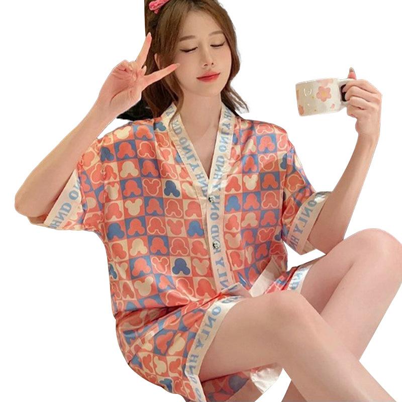 Style High-Value Ice Silk Cardigan V-Neck Pajamas Women'S Summer Short-Sleeved Thin Cool Loungewear Set
