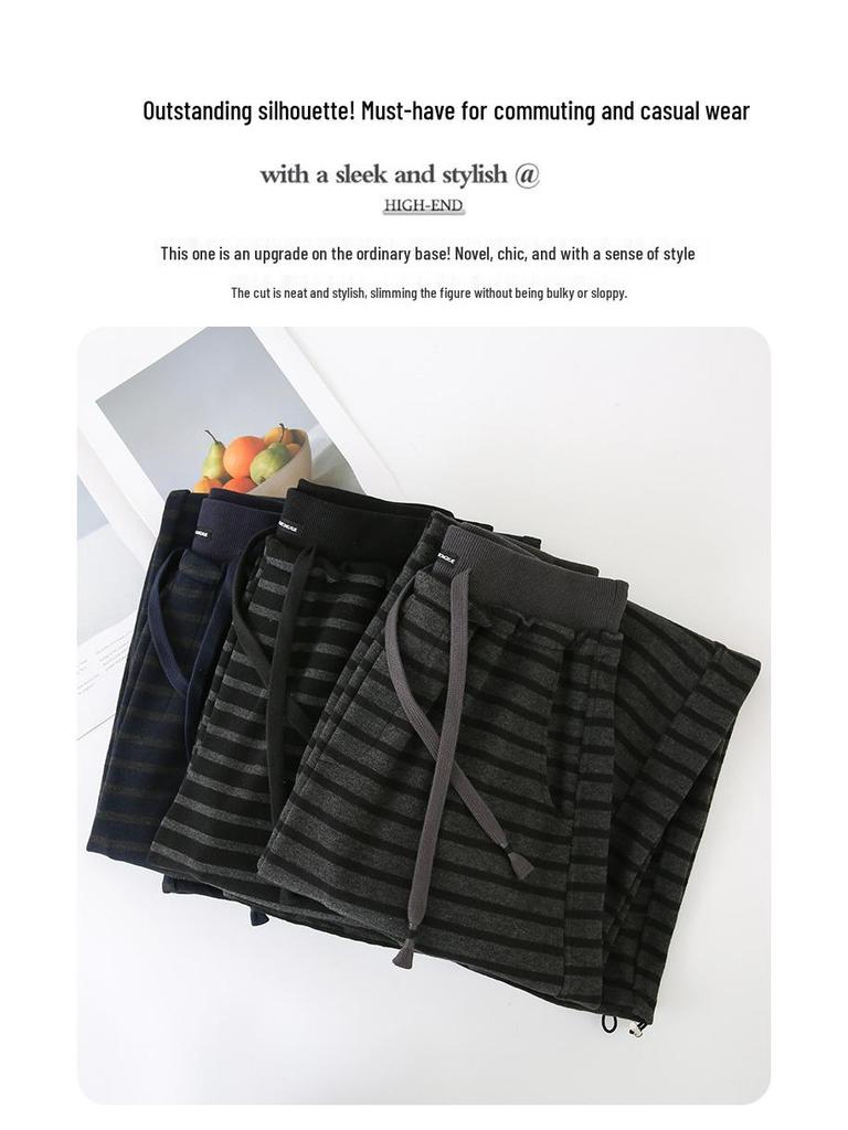 Women's High Waist Gray Striped Wide-Leg Pants - Early Spring 2026 Casual, Slimming, Relaxed Fit