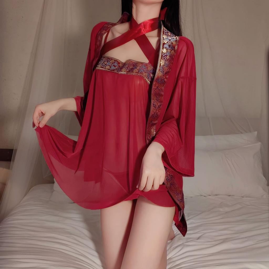 Large Size Sexy Antique Hanfu Exotic Antique Sexy Underwear Uniform Perspective Mesh Sling Free Nightdress