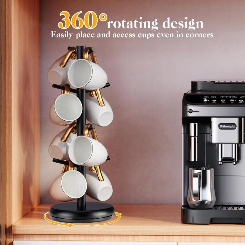 Modern Black Bamboo Mugs Tree Stand With 8 Hanging Hook, Space Saving Coffee Cup Organizers