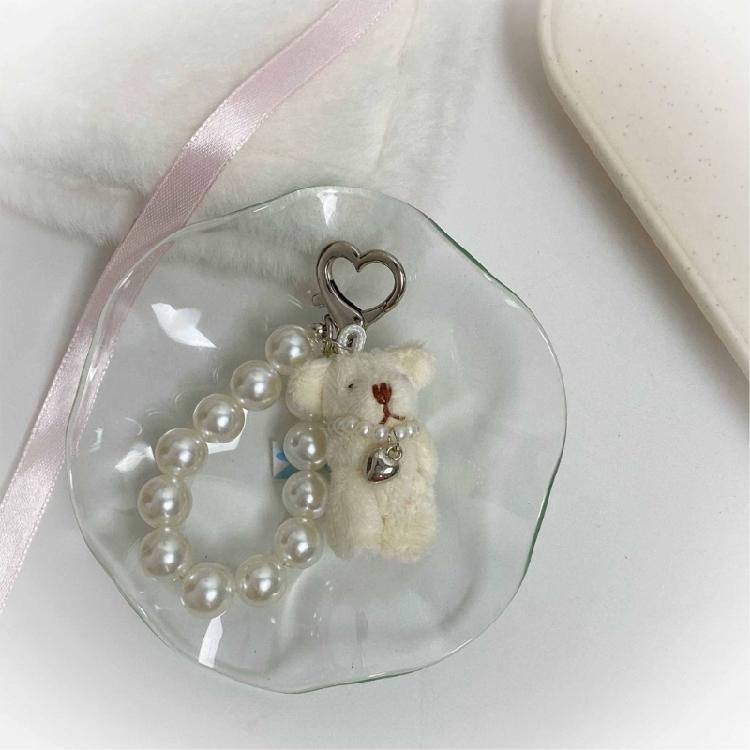 Soft Bear Keychain with Heart and Imitation Pearls Detailing Plush Bag Pendant Accessory Gift for Women and Ladies