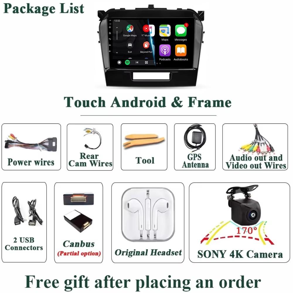 Car Radio Android 14 CarplayFor Suzuki Vitara 2015 - 2019 Navigation GPS Multimedia Player Stereo wifi+4G Auto DSP BT 360Camera