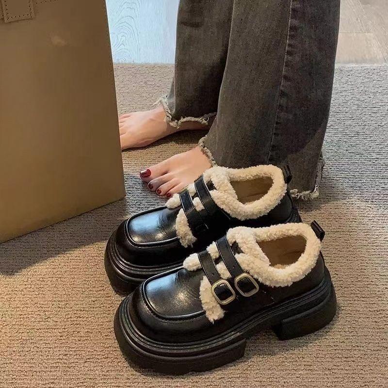 

Round-toed British-style Thick-soled Leather Shoes for Women, 2025 New Winter Thick-heeled Korean-style Versatile Fleece Shoes 35 чёрный