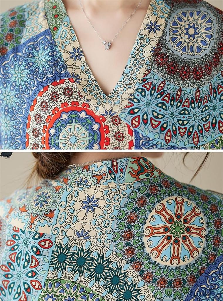 Summer Maxi Long Plus Retro Floral Ethnic Maxi Loose Elegant One Size Fits [Mohokyo] Women's Dress, Dress, V-Neck, Size, Print, Tunic, Length,