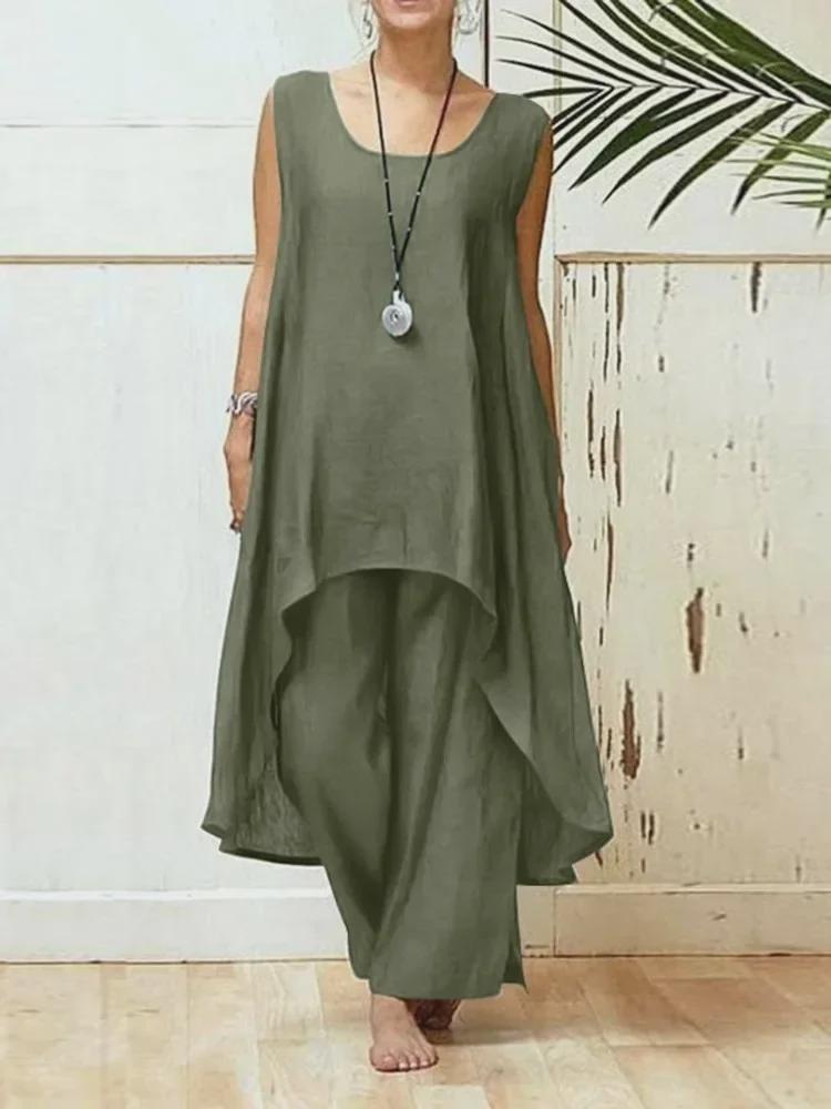 2024 Women's Asymmetrical Sleeveless Top & Loose Pants 2-Piece Set - Spring/Summer Sportswear