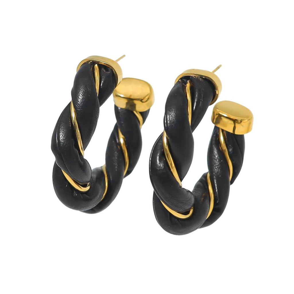 European & American Trendy Cable Knit Hoop Earrings - Women's 18K Gold Plated Titanium Steel C-Shaped PU Studs