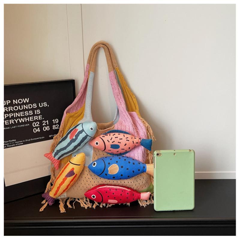 Cut Out Knitted Shoulder Bag Little Fish Pattern Contrast Color Soft Large Tote Bag for Ladies Weekend Shopping Trips
