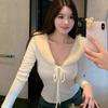 Elegant Women's White Fur Patchwork V-neck Long-sleeved Top - Perfect for Autumn/Winter, Wear as Inner or Outer Layer