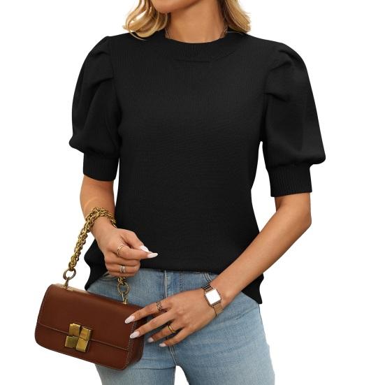 Women Knitting Tops Round Neck Puff Short Sleeve Solid Color Summer Tops