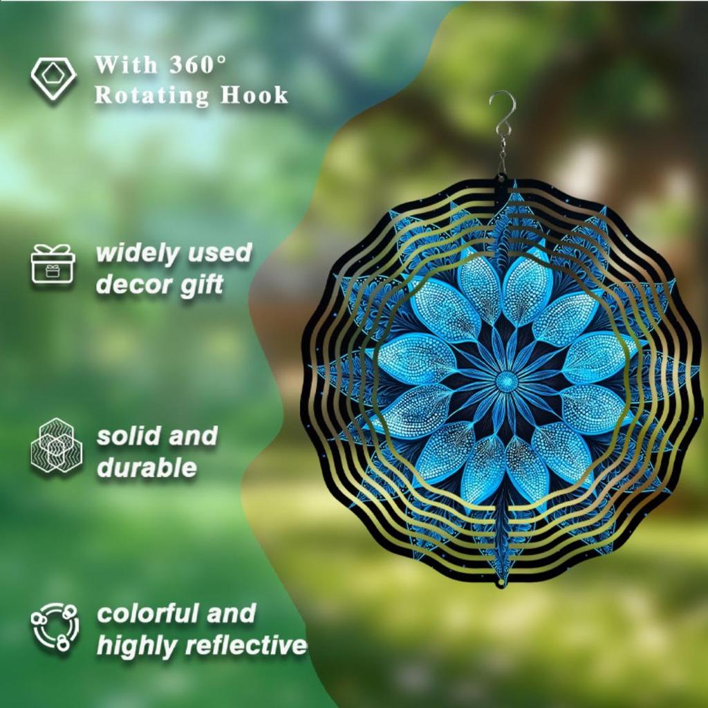 25,4 cm Mandala Blume Metall Windspiel - Langlebiger Hängespiral mit blauem & goldenem Design für Innen-/Außen-Garten- und Terrassendekoration