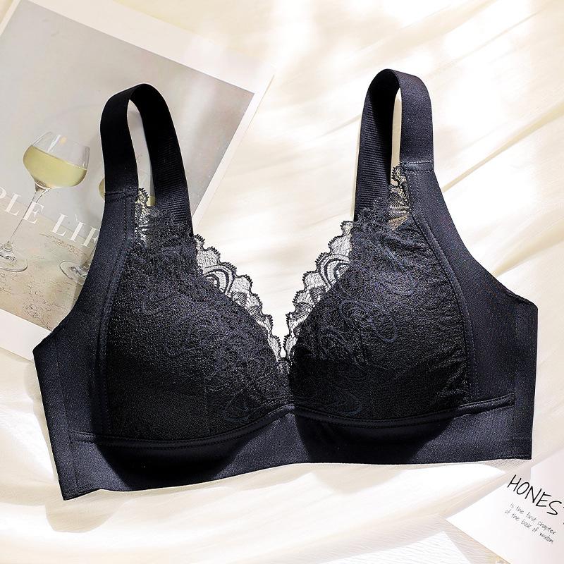 French Triangle Cup Sexy Steel Rim Thin Big Chest Small Lace Bra Cover Gather