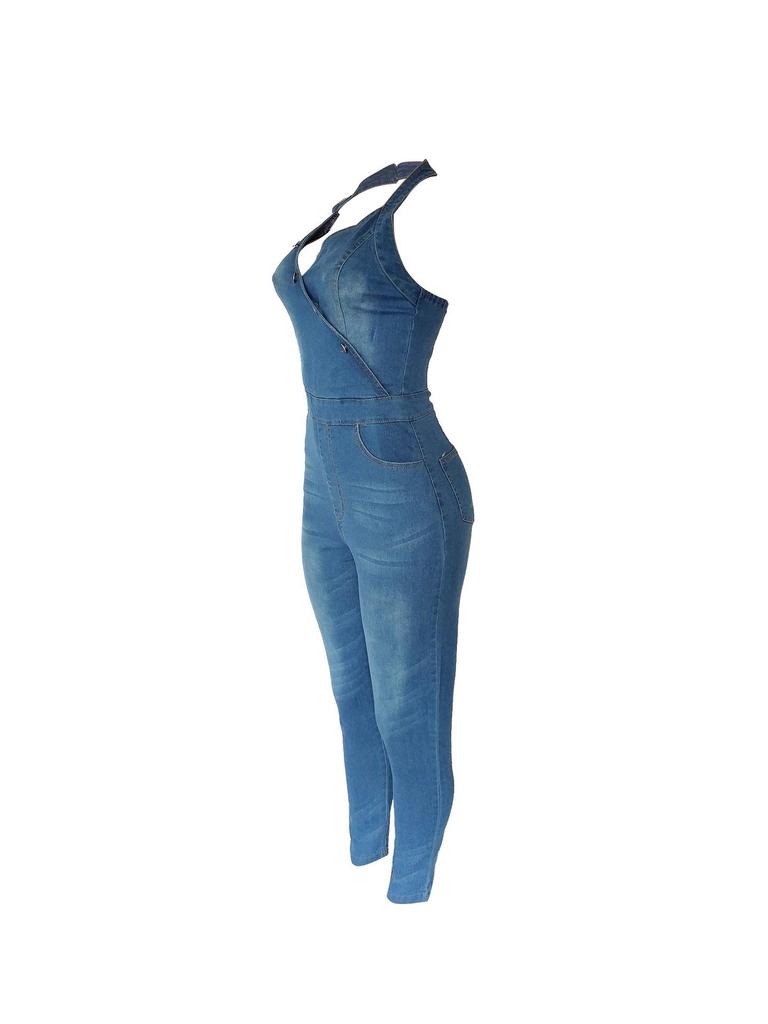 Europäischer und Amerikanischer Stil Schlankmachender Ärmelloser Neckholder Jumpsuit Jeans