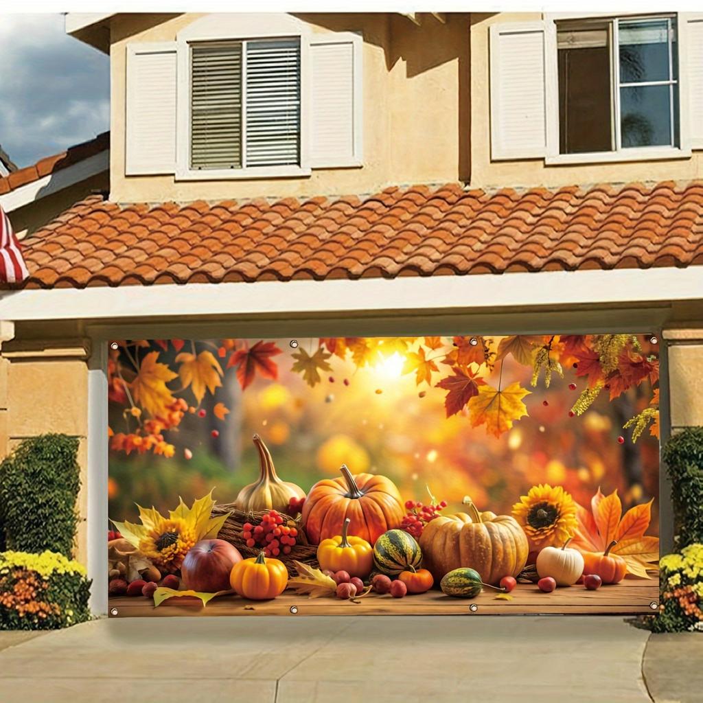 A Thanksgiving garage door banner with autumn fruits and pumpkins in the Harvest Festival studio background