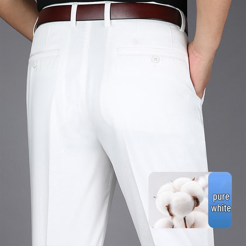 Men's High Waist Straight Leg Cotton Pants - Summer Casual, Solid Color, Middle-Aged, Loose Fit, Deep Crotch, Dad Trousers