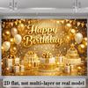 2D Gold Happy Birthday Backdrop Banner Glitter Balloon Cake Party Background Decor