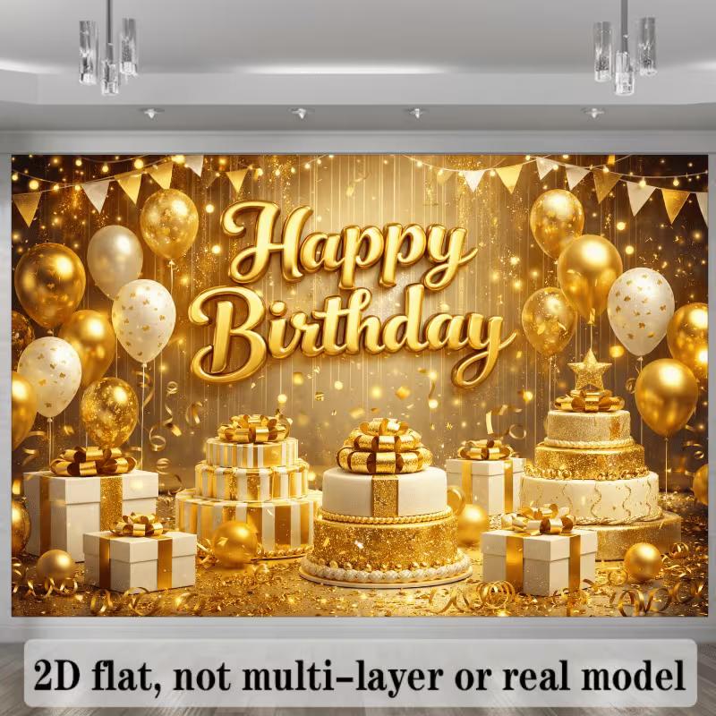 2D Gold Happy Birthday Backdrop Banner Glitter Balloon Cake Party Background Decor