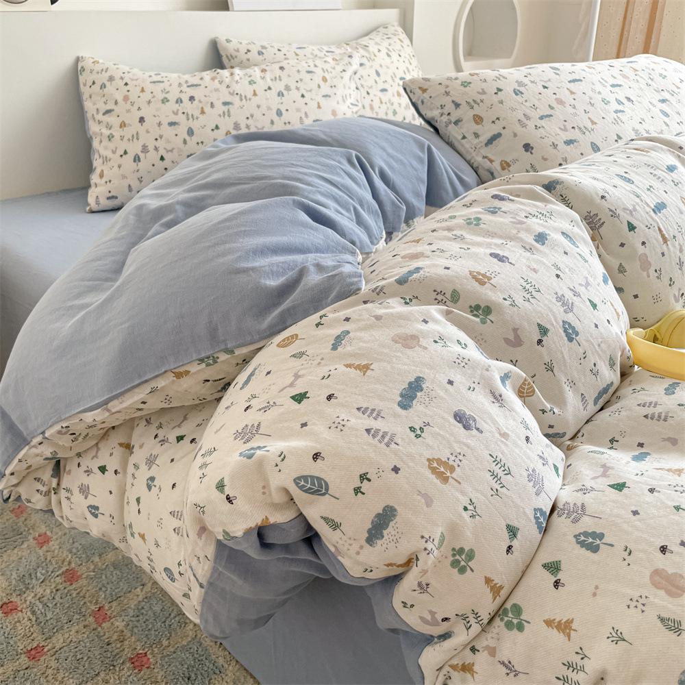 Pure Cotton Class A Maternal And Infant Grade Double-Layer Yarn Four-Piece Set, Summer Breathable Small Floral Dormitory Can Be Washed Without Pilling