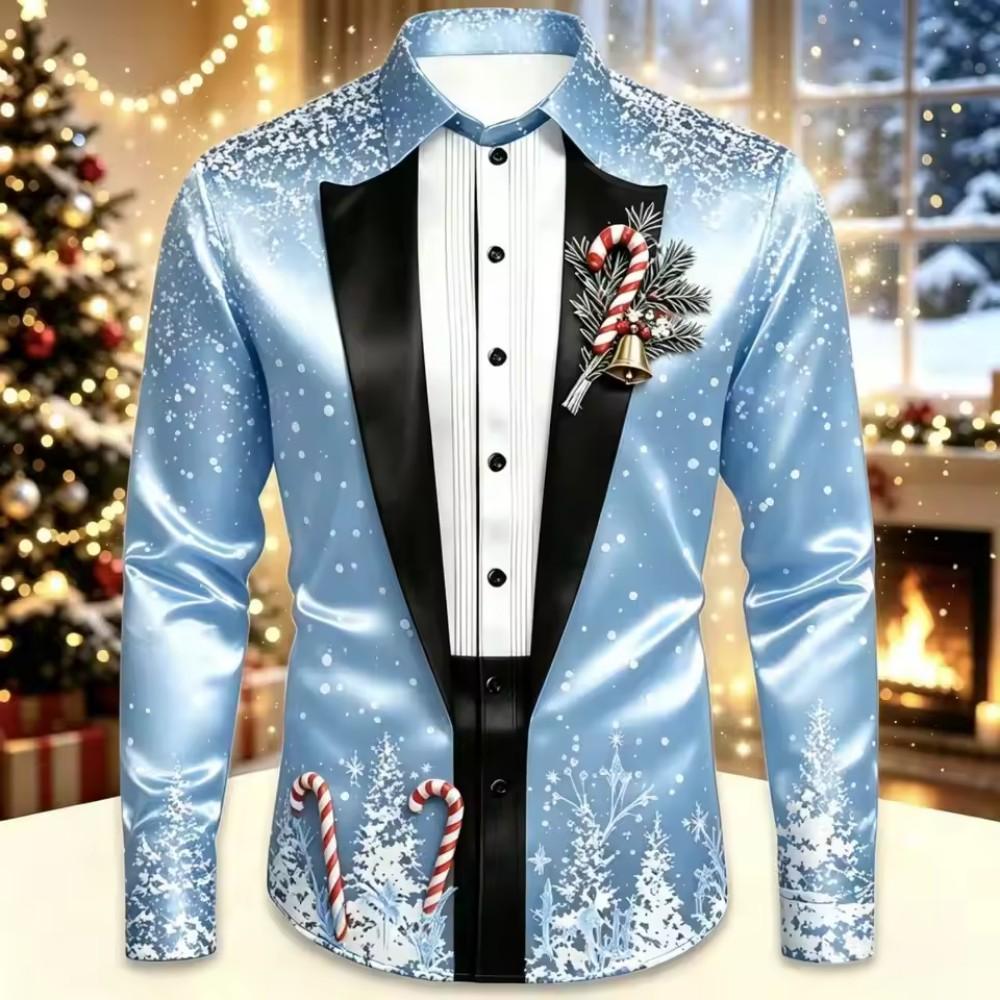 2026 Men's Fashion Christmas Satin Long Sleeve Shirt Christmas Special Edition 3D Printed Snowflake Christmas Tree Cane Candy