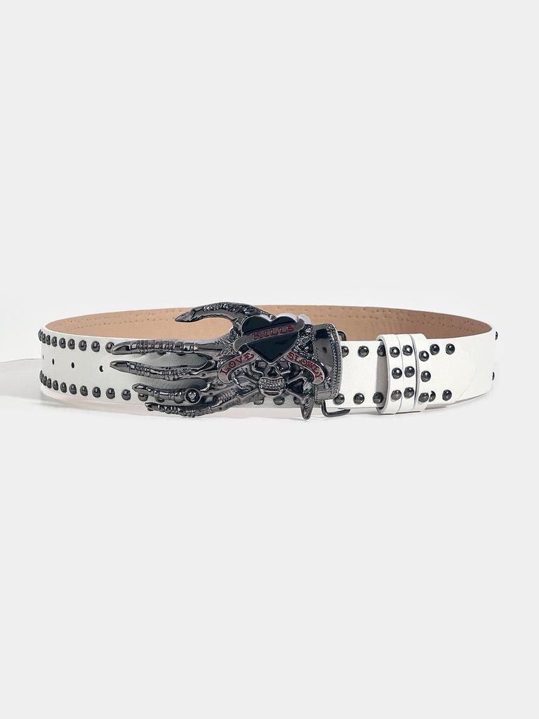 Trendy Men's Leather Belt with Skull Heart Design, Punk Style Snap Buckle, Casual Trouser Accessory