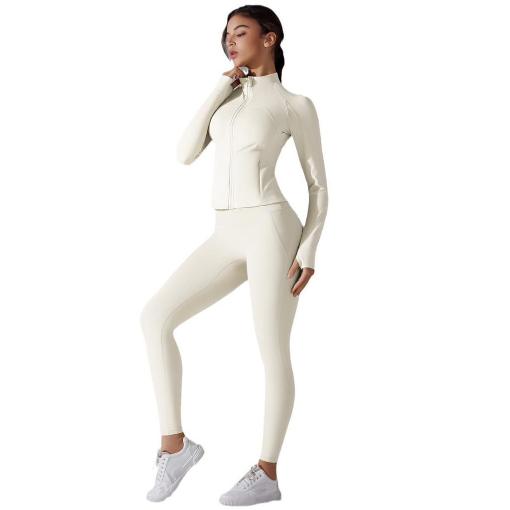 New Stand Up Collar Zipper Jacket Yoga Suit, High Waist And Hip Lifting Tight Pants, Nude Running And Fitness Set, Two-Piece Set For Women