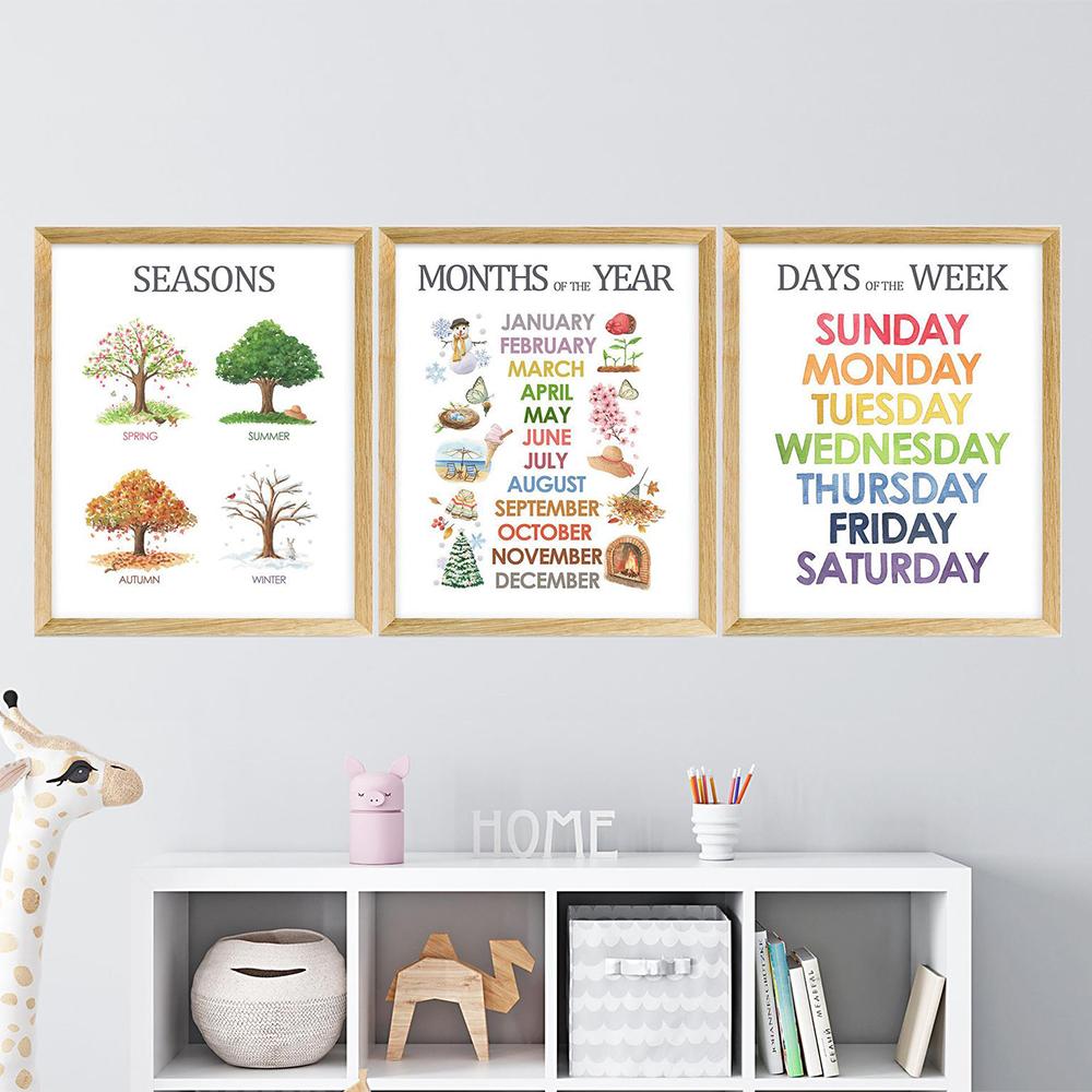 Pädagogisches Leinwandbild, Farben, Alphabet, Zahlen, Jahreszeiten, Monate, Tage, Poster, Kinderzimmer, Wanddekoration, Bild für Babyzimmer