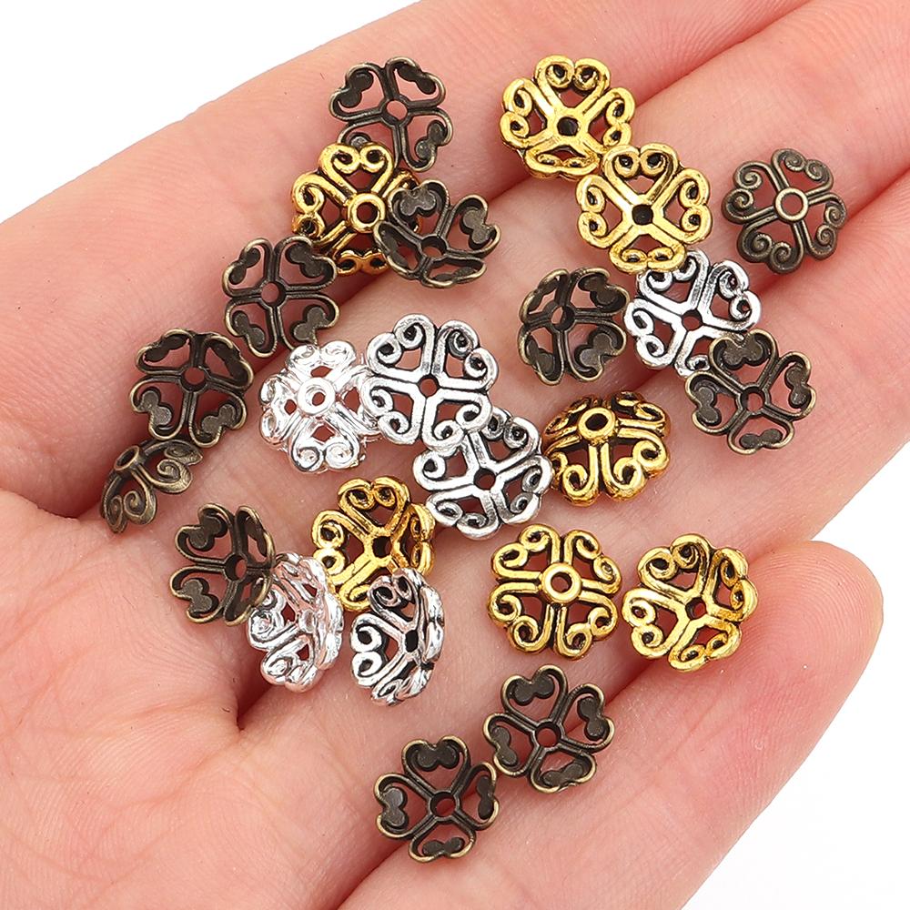 100pcs 8mm Alloy Hollow Out Flower Bead Caps Metal Spacer Beads Flower Tray For Jewelry Making DIY Necklace Bracelet Accessories