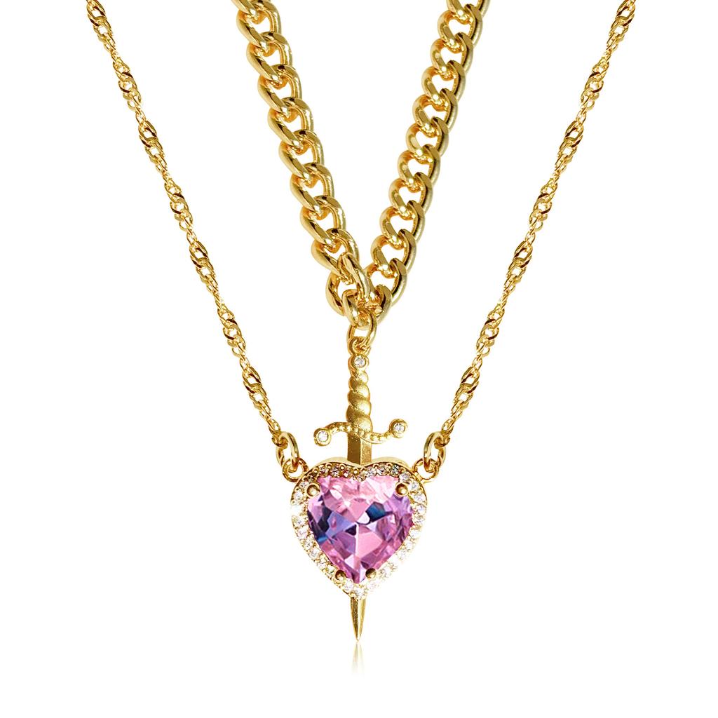 Gold Red Crystal Heart Dagger Pendant Layered Necklace Heart And Sword Necklace For Valentine's Day Couple