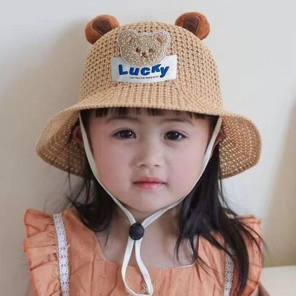 

Cartoon Bear Children Sun Hats With Lacing Kids Beach Caps Retro Sunscreen Fisherman s Hat Summer beige-1