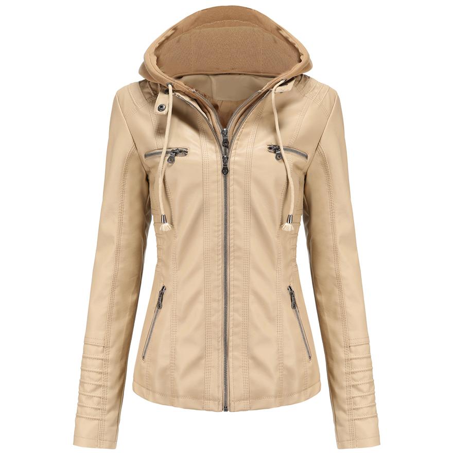 Kadın Çıkarılabilir Kapşonlu Suni Deri Ceket Motokros Racer Biker Çift Zip İnce PU Motosiklet Kısa Moto Ceket Klasik Bombacı Kabanlar S-4XL