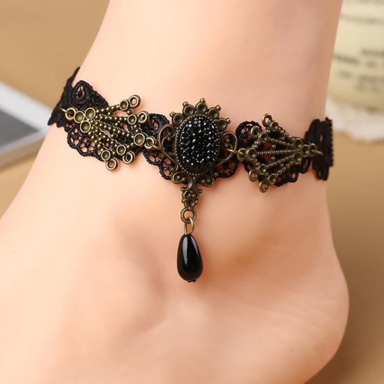 Kvinner Vintage Black Floral Lace Ankelkjede Ankel Sandal Armbånd Foot Barfoot