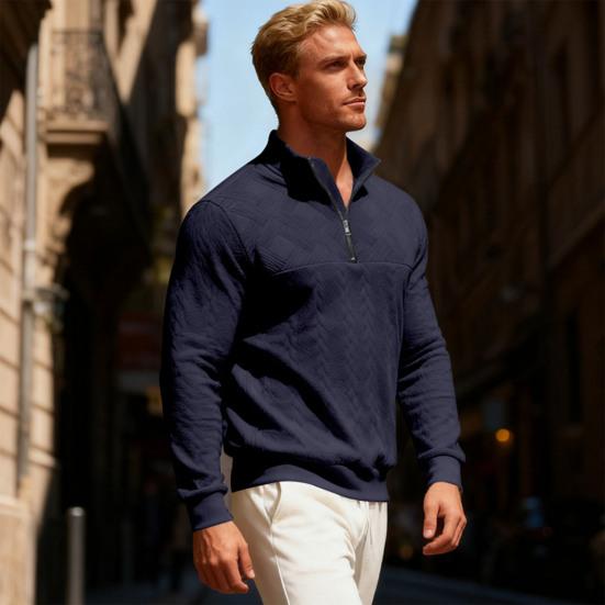 Men Sweatshirt Stand Collar Zipper Half Placket Long Sleeve Pullover Tops Solid Color Jacquard Design Sport Tops Streetwear