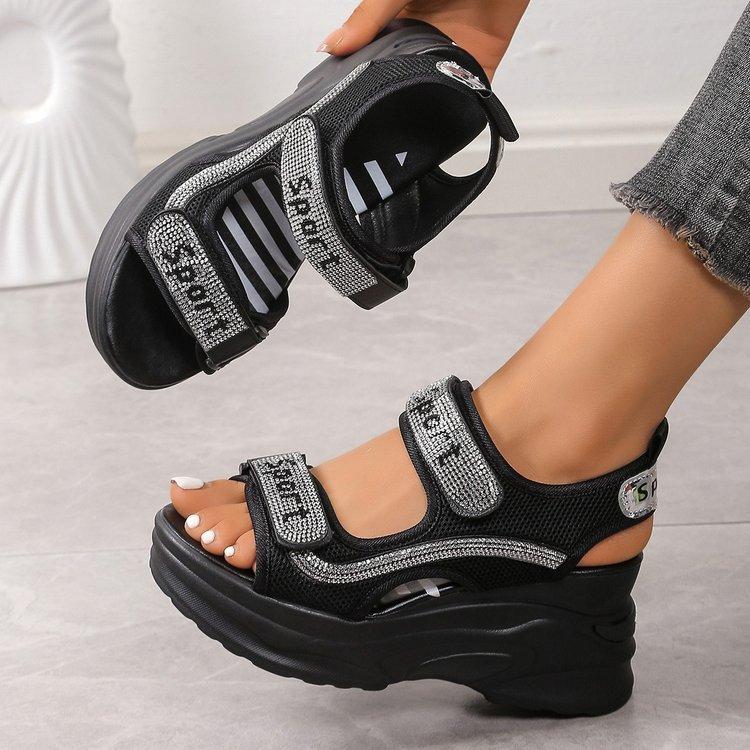 Thick-soled large-size sandals New sports style Velcro rhinestone Roman sandals