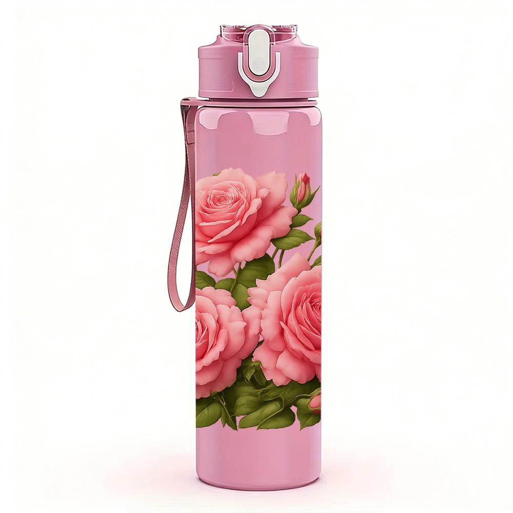 1PC Pink Rose Bouquet Floral Print 750ml Color Plastic Sports Water Bottle Leakproof Flip Straw Lid Suitable for Sports Office Home Use