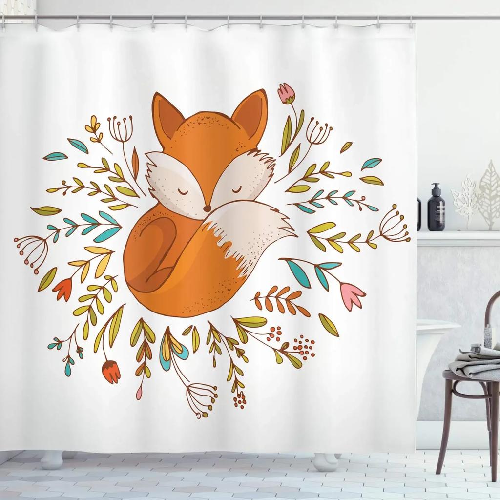 Painting Animal Lover Fox In The Forest Shower Curtain,Rustic Lodge Forest Hunting Bathroom Decor Wild Animals Bathroom Curtains