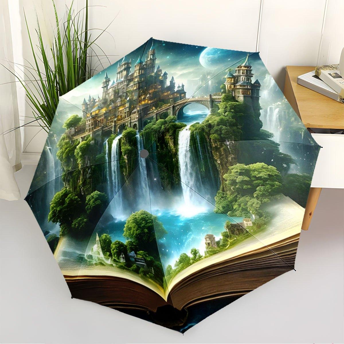 

Automatic Open/Close Umbrella with Fairy-Tale Castle, Waterfalls & Open Book Design - Auto Folding Compact Umbrella, Portable (as the picture,Iron&8K)