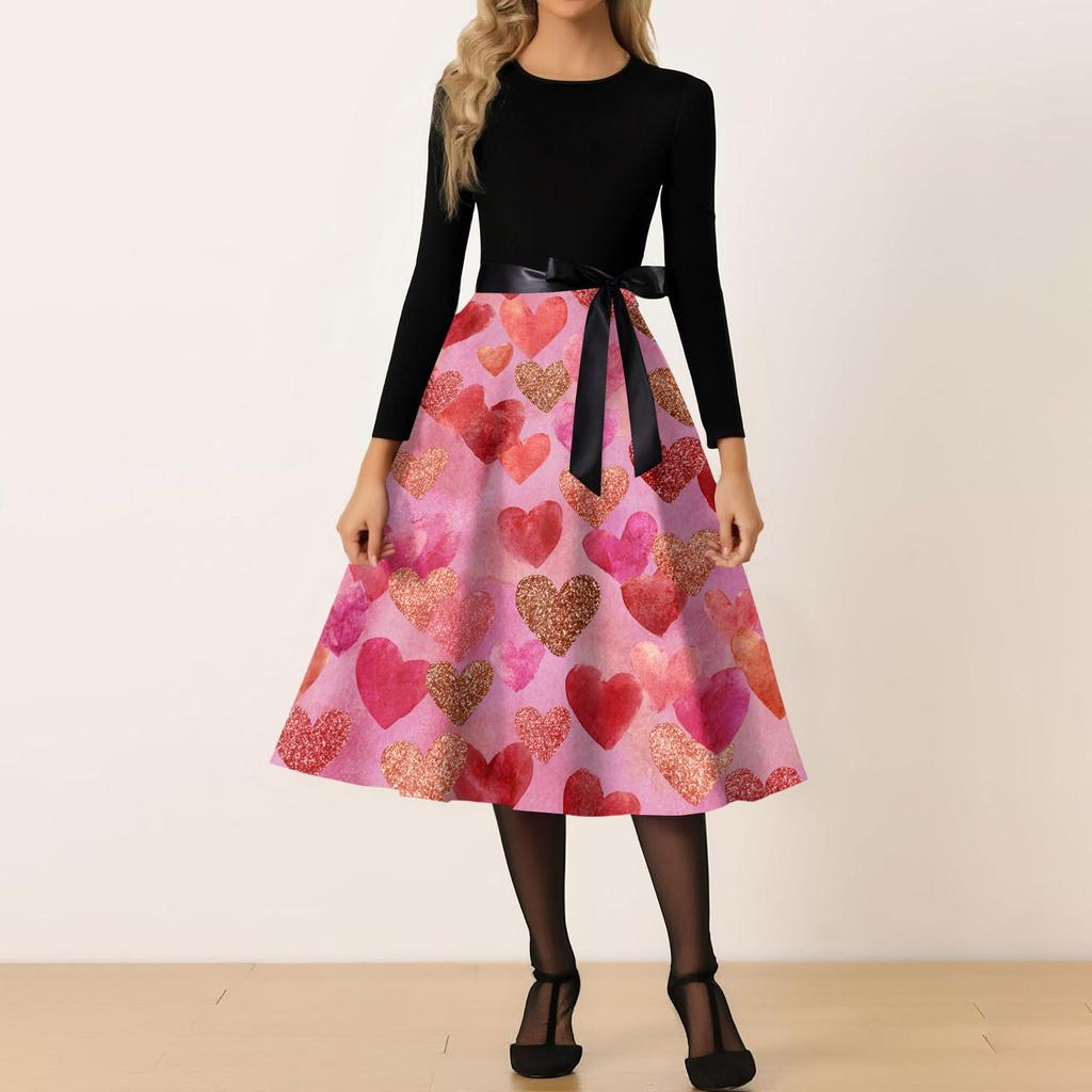 Women's Casual Fashion Round Neck Valentine's Day Printed Retro Dress